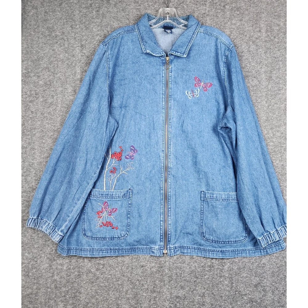 Basic Editions Denim Jacket Womens 3X Blue Embroidered Butterfly Floral Zip Up